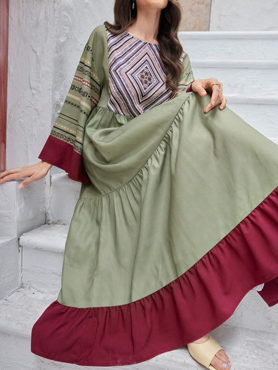 Mulvari Women's Loose Fit Geometric Print Round Neck Dress With Flared Sleeves And Ruffled Hem, Arabic Style - Olive Green - View 1