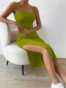 EURMUSE Women's Solid Color Simple Daily Spaghetti Strap Dress - Olive Green - View 7
