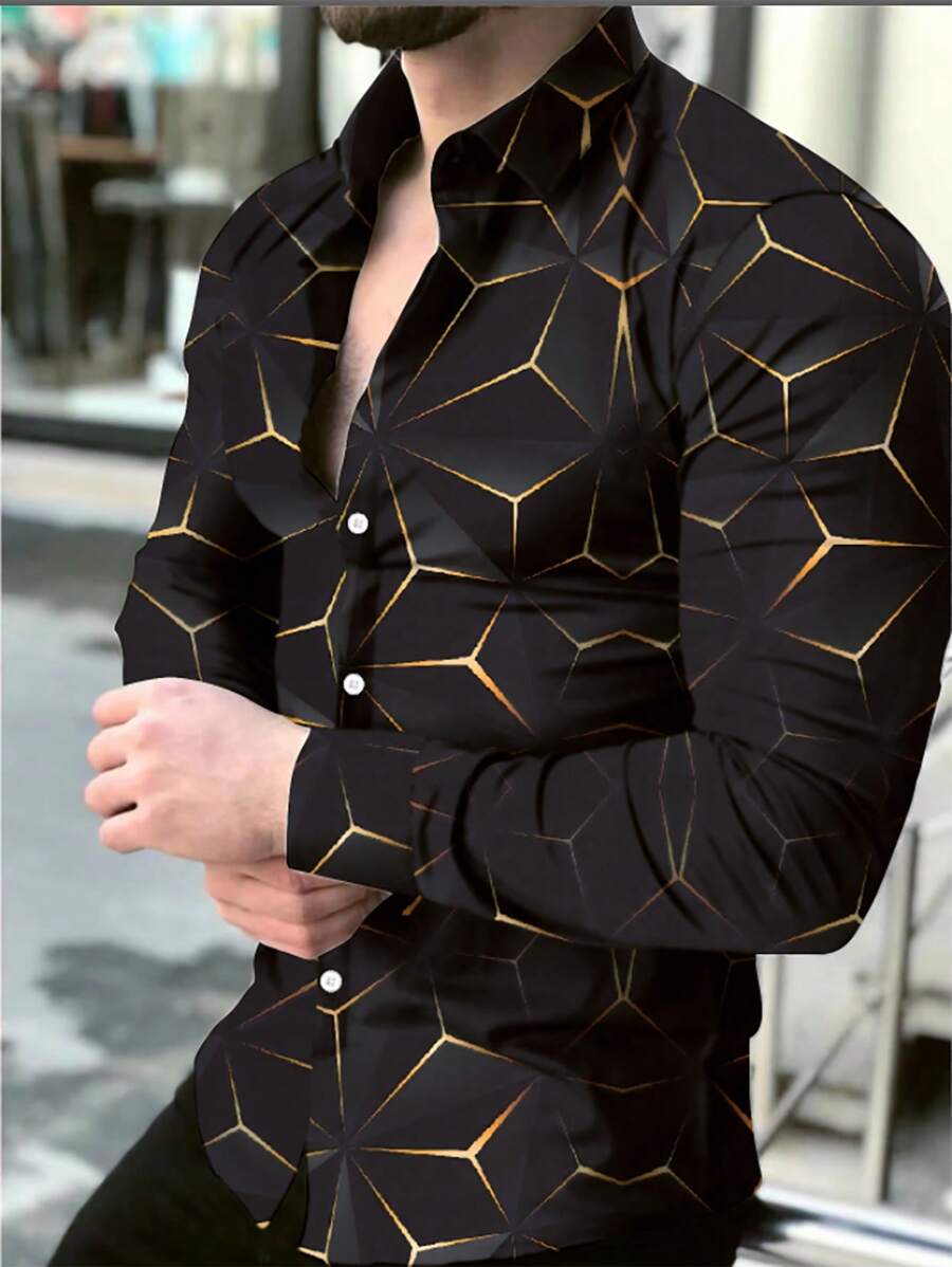 Manfinity Homme Men Spring Geometric Print Casual Long Sleeve Shirt Slim Fit Button Up Black Shirt For Husband, Geometric Print Men, Men's Luxury Shirt, Black Geometric Shirt, For Fall - Black - View 1