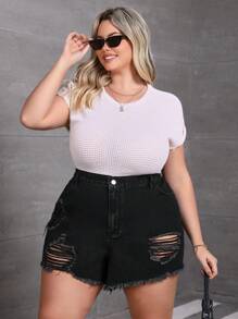 SHEIN CURVE+ Plus Size Summer Casual Loose Fit Distressed Frayed Denim Shorts - Black - View 3