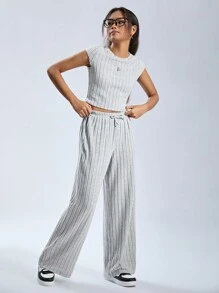 SHEIN 少女浅灰色罗纹针织面料短款上衣和阔腿裤基本款服装套装 - 灰色 - 查看 5