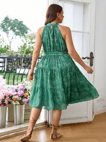 SHEIN Privé Plus Size Elegant Hang Neck Cinched Waist Midi Dress, Perfect For Commuting, Vacation Or Beach Date, With Green Plant Printed All Over