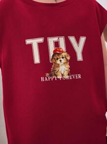 SHEIN Young Boy Casual Korean Style Animal Letter Print Sleeveless Top & Solid Color Knitted Shorts With Pockets Two-Piece Set