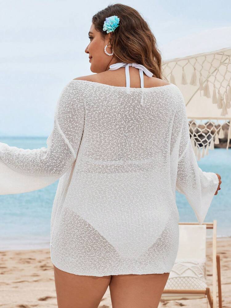 Plus Size Women's Solid Color Sheer Mesh Long Sleeve Pullover Hoodie Top For Vacation,Summer Beach
