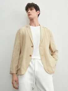 Manfinity RebelGame Easy Care Men's Old Money Style Business Casual Woven Jacquard Anti-Wrinkle Loose Fit Blazer, Suitable For Spring And Summer, For Fall Winter - Khaki - View 4