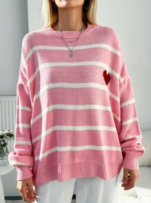 EURMUSE Plus Size Heart Pattern Drop Shoulder Stripe Pullover Sweater - Coral Pink - View 4