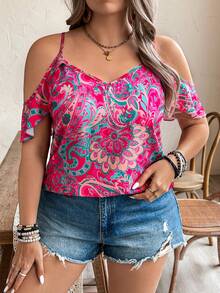 SHEIN Holidaya 大尺碼女士露肩花卉印花休閒度假衫 - 玫紅色 - 查看 4