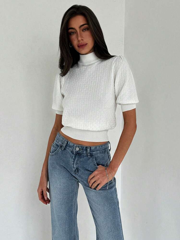 Simple High Neck Half Sleeve Textured Knit White Women's T-Shirt For Office Commute