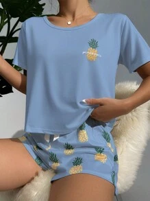 Conjunto de pijama con top de manga corta de cuello redondo y pantalones cortos con estampado de piña - Azul - Ver 4