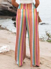 Pantalones anchos a rayas con cintura alta fruncida - Multicolor - Ver 2