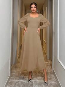 EURMUSE Sweetheart Neck Lantern Sleeve Split Thigh Dress - Khaki - View 4