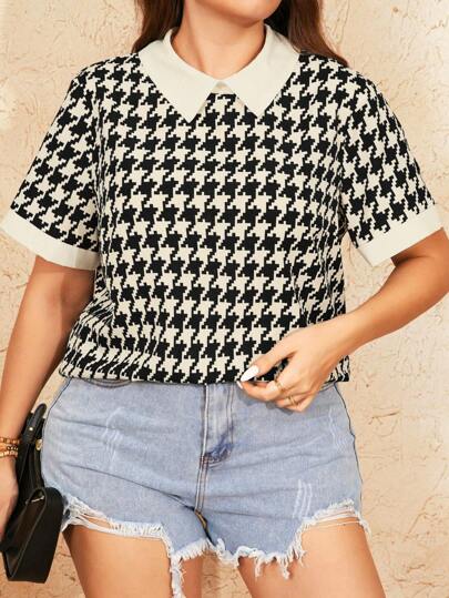 SHEIN LUNE 大尺碼夏季休閒短袖衫，經典犬牙紋拼接設計