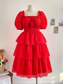 Soleia Holiday Pastoral Romantic Red Plaid Jacquard Multi-Layer Cake Style Plus Size Dress Long - Red - View 1