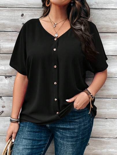 EMERY ROSE Plus Size Women's Orange Button Embellished Short Sleeve Shirt For Spring