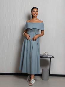 Modelyn 女士露肩双排扣上衣和裙子两件套，简约风格两件套 - 綠色 - 查看 1