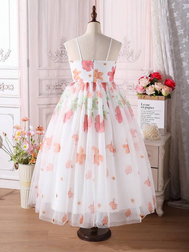 Tween Girl Elegant & Gorgeous White Big Flower Off Shoulder Strap Party Dress, Suitable For Evening Parties, Birthday Parties, And Other Occasions
