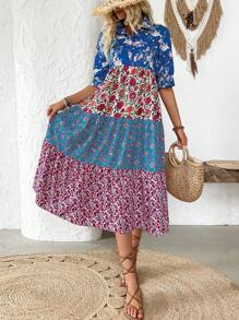 Breezaya Vestido de manga media de estilo retro para vacaciones con cuello de camisa y sobrefalda abotonada para mujeres - Multicolor - Ver 6