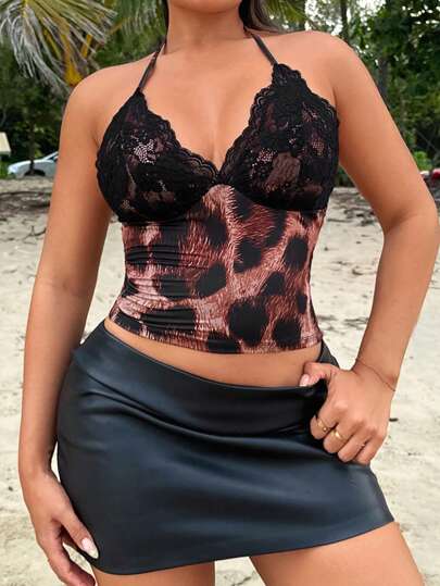 SHEIN SXY Top Halter de Verão com Estampa de Leopardo e Renda de Remendo para Férias