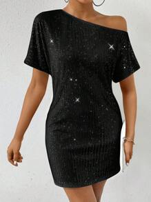 Chiquease 黑色亮片斜领优雅浪漫简约女式连衣裙，适合节日派对穿着