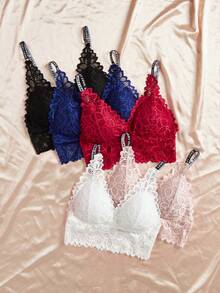 5pcs Lace Ribbon Padded Bralette Camisole Basic Tank Top With Letter Printed Straps - Multicolor - View 4