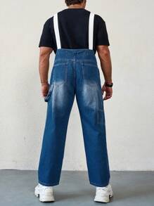 Manfinity Hypemode Men's Plus Size Casual Denim Overalls , Baggy Overall Plain Royal Blue Going Out Vintage - Medium Wash - View 2