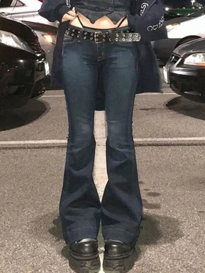 Blugi evazați din denim, stil streetwear Y2K, talie joasă, stil casual, stil de întoarcere la școală, toamnă-primăvară