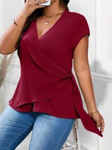 EMERY ROSE Plus Size Women's Fashionable Solid Color Casual V-Neck Blouse - Burgundy - View 4