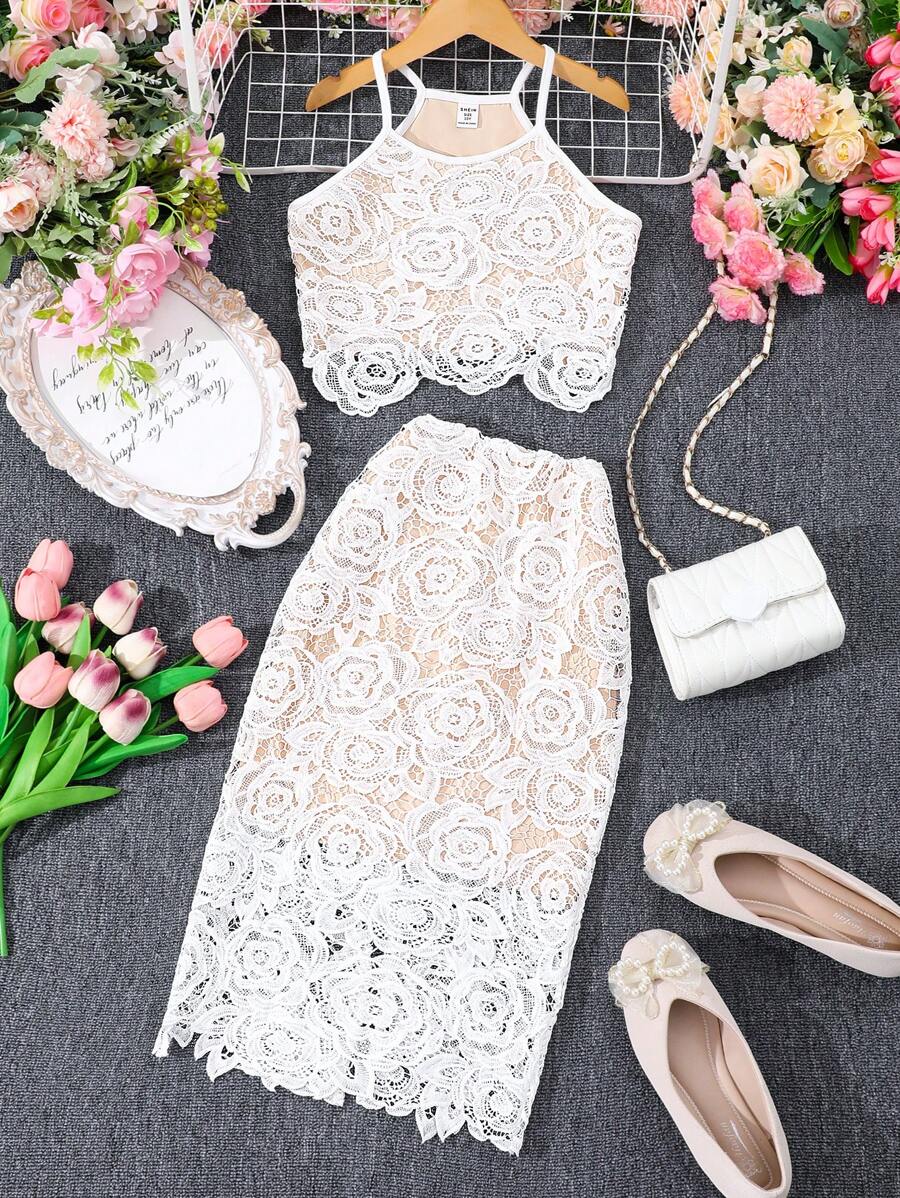 SHEIN Tween Girl Lace Strap Tank Top + Long Skirt Set - Apricot - View 1