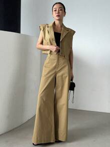 DAZY Solid Color Lapel Collar Cap Sleeve Top And Wide-Leg Pants Suit For Women Work Women Clothes, Back To School Clothes Business Attire