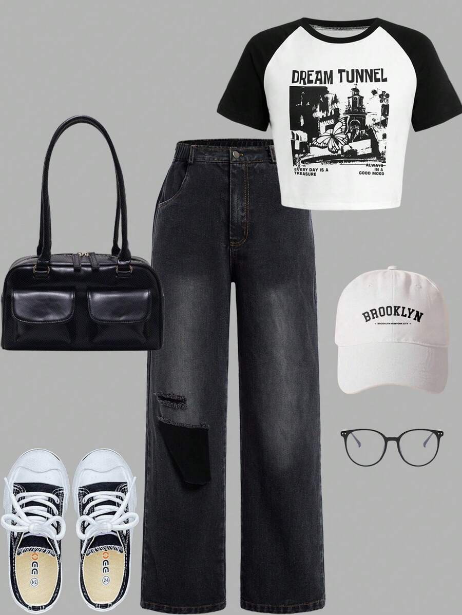 Teen Girl Casual Street Style Short Sleeve Dark Punk Pattern Printed T-Shirt And Distressed Wide Leg Jeans Two-Piece Set - Black and White - View 1