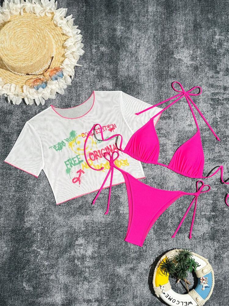 Women's Summer Beach Solid Color Halter Neck Strap Sexy Bikini Set With Slogan Print Short Sleeve Cover-Up