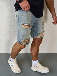 Manfinity LEGND Men's Ripped Casual Denim Shorts With Pockets Low Rise Baggy Jorts Plain Light Blue Going Out Street Wear Friends