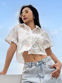 Comfortcana Camisa estampada de hombro caído con diseño integral para atuendo de verano