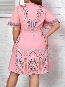 EMERY ROSE Vestido estampado de verano con mangas de volantes y cuello en V para tallas grandes, ideal para vacaciones - Multicolor - Ver 2