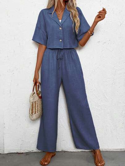 SHEIN LUNE Women's Linen Short Sleeve Shirt And Pants Set For Vacation And Leisure