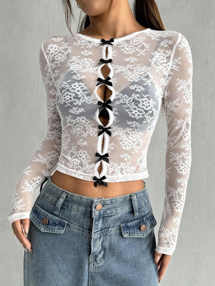 SHEIN EZwear Women's Summer Sexy Lace Bow Decorated See-Through Slim Cropped Top - White - View 1