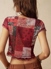 Bohemela 多色條紋女士網眼上衣，適用於度假 - 紅色 - 查看 2