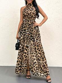 Firerie Vestido elegante de cuello halter con estampado de leopardo y abertura en A para mujer, ideal para vacaciones de verano - Caqui - Ver 3