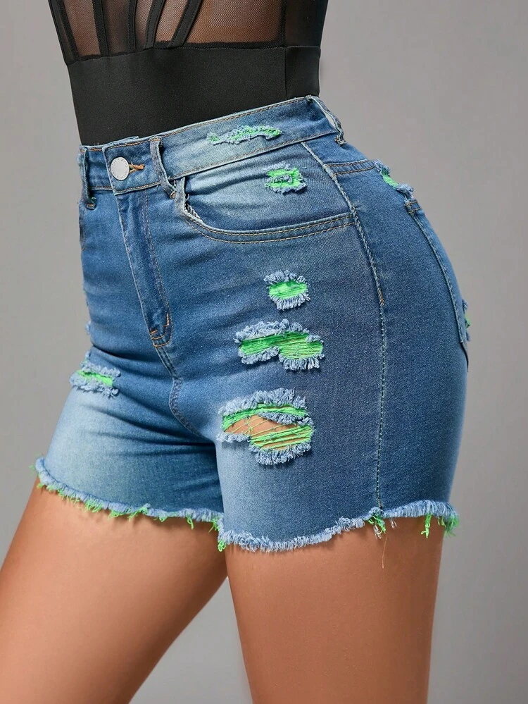 Ladies Sexy Ripped Stretch Denim Shorts With Colorful Fabric Belt, Pocket Details And Button Closure