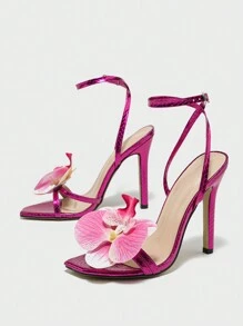 女士高跟春夏户外晚装时尚细高跟方头闪亮金属蛇纹印花抢眼兰花性感系带优雅凉鞋情人节 - 玫紅色 - 查看 4