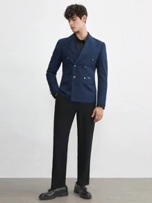 Manfinity RebelGame 易护理男士老式风格商务休闲半帆布编织西装外套，双排扣，适合春夏季和秋冬季 - 藏蓝色 - 查看 5