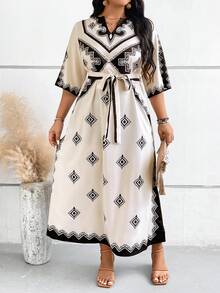 Breezaya Plus Size Women's Fashion Geometric Printed Dress - Apricot - View 4