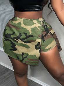 Slaydiva 夏季休閒街頭前襟裝飾短褲迷彩七分褲女裝短褲-H - 彩色 - 查看 4