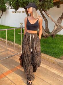 Livesso Women's Leopard Print Simple Daily Long Pants - Brown - View 4