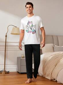 Unicorn Print Men's Round Neck Short Sleeve Top And Solid Color Long Pants Summer Homewear Set In Standard Sizes - Multicolor - View 4
