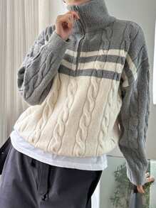 DAZY Women's Striped Color-Block Half Zipper Cardigan Sweater,Fall Women Clothes - Grey - View 4