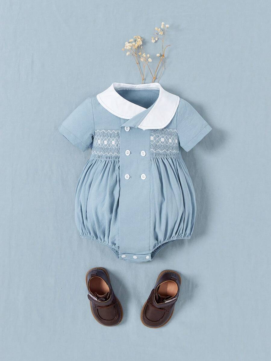 Souflis Souflis Eleganter französischer Retro-Kragen, doppelt-reihiger Kleinkind-Romper aus Zopfmuster, Frühling/Sommer