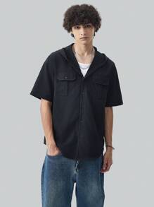 Manfinity Hypemode Men's Summer Solid Color Workwear Short Sleeve Hooded Casual Shirt With Pockets