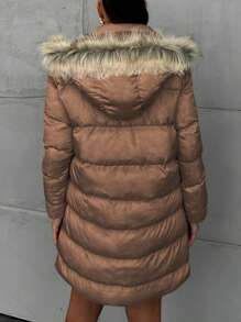 EURMUSE Women's Hooded Spliced Padded Coat Jacket - Rust Brown - View 2