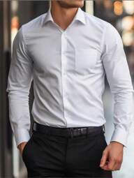 Manfinity Mode Camisa de manga larga con parches para hombre, estilo de primavera y otoño, ajuste delgado, abotonada, lisa, blanca, para trabajo y negocios, para el otoño